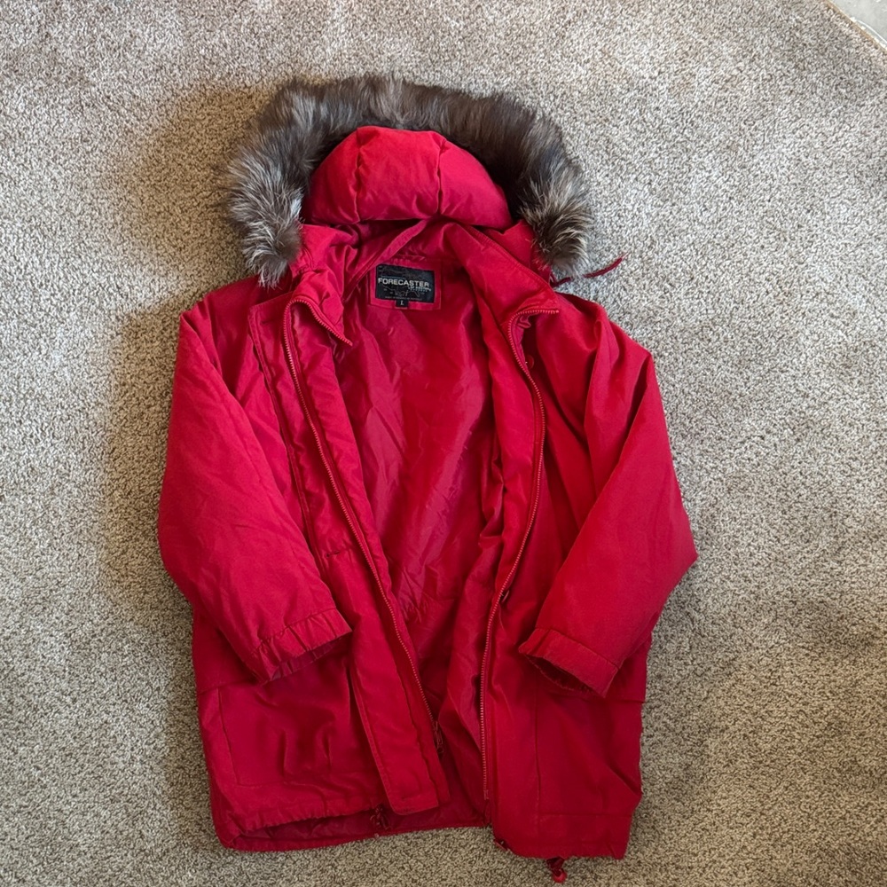 Red Parka with Faux Fur Hood